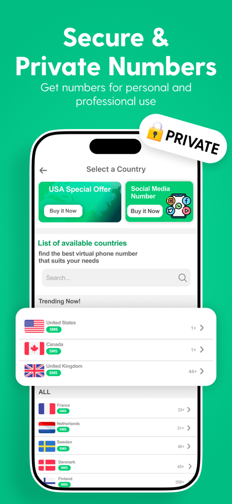 Temp Number - 2nd Phone Number - Interface of Temp Number app showing international virtual phone number options for secure SMS verification