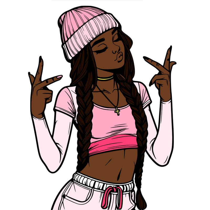 realistic teenage girl with braids and a beanie and crop top doing 🫶🏼