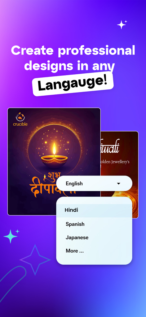 Wizad: AI Posters and Videos - Interfaz de la aplicación Wizad que muestra un menú de selección de idiomas para crear diseños profesionales en inglés, hindi, español y japonés.