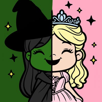 a witch and princess smiling at each other split