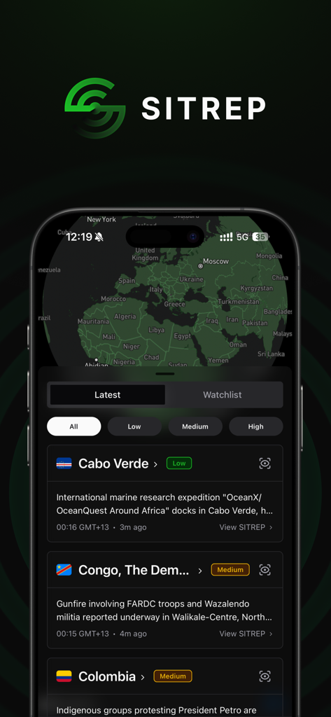 SITREP mobile app interface showing a global intelligence map and real-time situational reports with impact levels.
