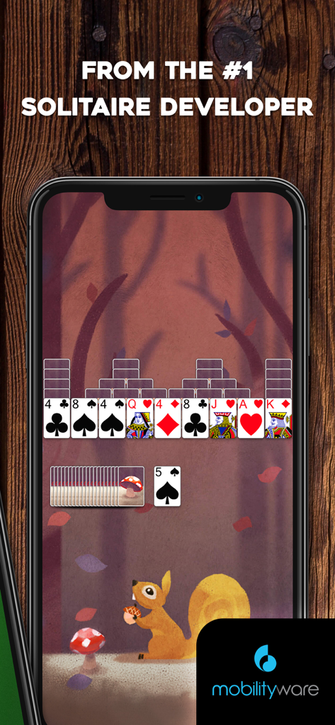 TriPeaks Solitaire: Card Game - TriPeaks Solitaire card game on a smartphone with a forest background featuring a squirrel