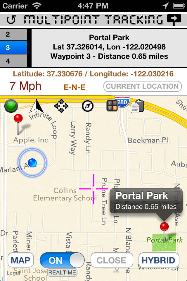 iTracker app interface showing real-time GPS waypoint tracking on a map with coordinates and speed