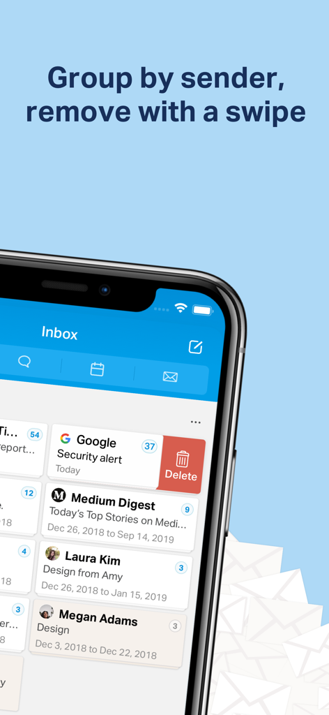 Screenshot of Chuck email app showing messages grouped by sender with a swipe to delete gesture.
