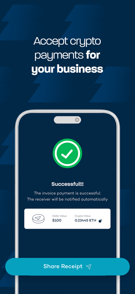 Mobile screen showing a successful 100 dollar Ethereum invoice payment receipt on the Breet app