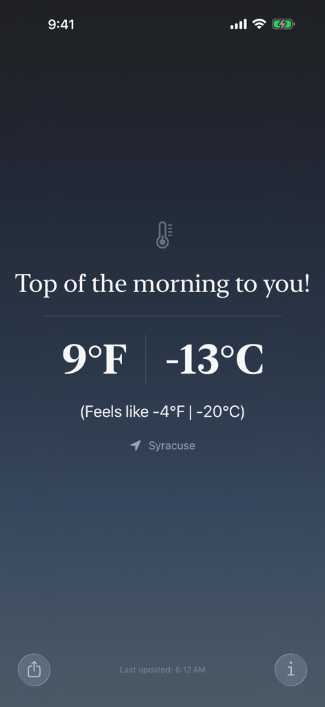 40 Below - 40 Belowアプリのインターフェースに、華氏と摂氏（セルシウス）での同時温度表示が表示されています。