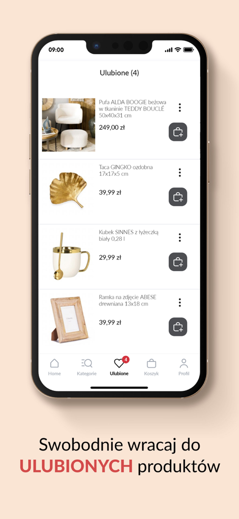 Homla - Homla mobile app screen showing a wishlist of home decor products including a bouclé chair and gold kitchen accessories