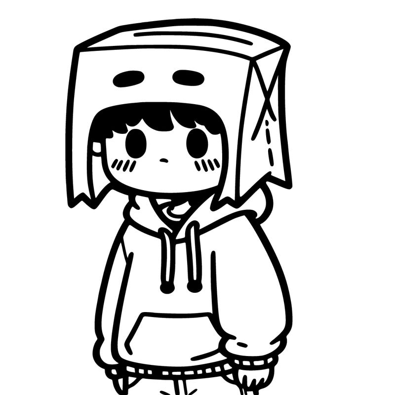a boy with a sweatshirt and a paper bag on his head