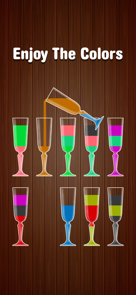 Get Color Mixer Water Sort - Jugabilidad de Get Color Mixer Water Sort que muestra líquidos de colores siendo vertidos entre vasos sobre un fondo de madera.