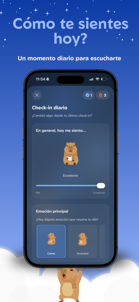 Tranqui - Bienestar Emocional - Daily emotional check-in screen of the Tranqui app featuring a mood slider and a capybara character