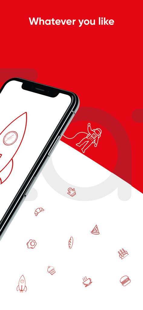 EatIn Monaco - Écran de démarrage de l'application EatIn Monaco avec le texte Whatever you like et diverses icônes représentant les services de livraison.