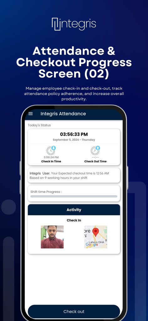 Integris: Attendance App - Tela de status de checkout do aplicativo Integris mostrando o progresso das horas do turno de check-in do funcionário e dados de rastreamento de localização.