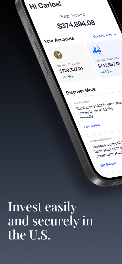 Folionet - Folionet mobile app interface showing a total account balance and individual investment account summaries.