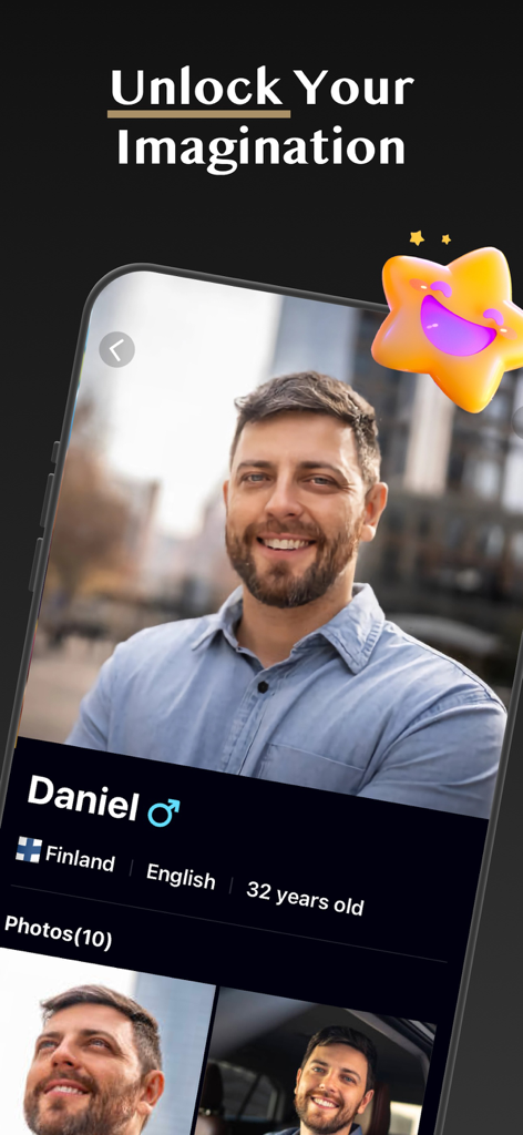 Whisper Muse Mind - Pantalla de perfil de un compañero de IA llamado Daniel en la aplicación Whisper Muse Mind