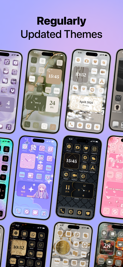Themio・Fancy Widgets & Themes - A collection of iPhones showing different custom aesthetic home screen themes and widgets.