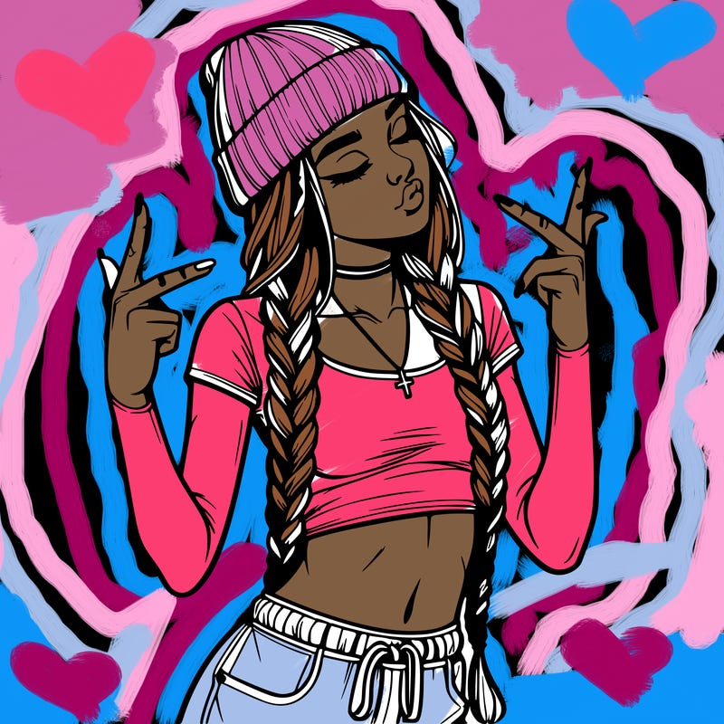 realistic teenage girl with braids and a beanie and crop top doing 🫶🏼