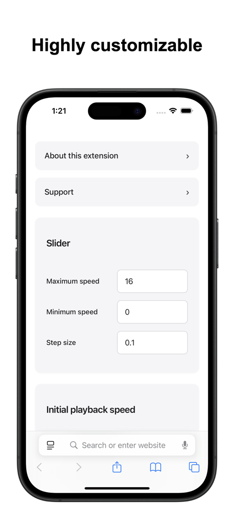 Settings screen of the Safari video speed extension showing options to customize maximum speed minimum speed and step size