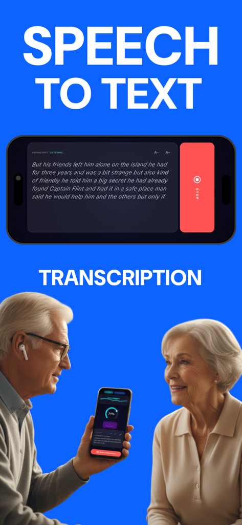Hearing Aid & Sound Amplifier - Senior man using the live speech to text transcription feature of the hearing aid app