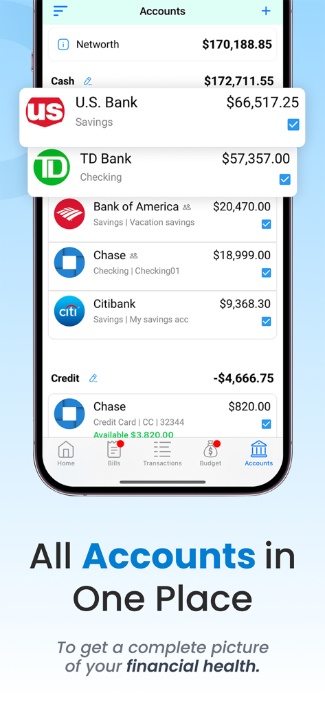 Pantalla de aplicación móvil que muestra una vista consolidada de múltiples cuentas bancarias y el patrimonio neto total para el seguimiento financiero.