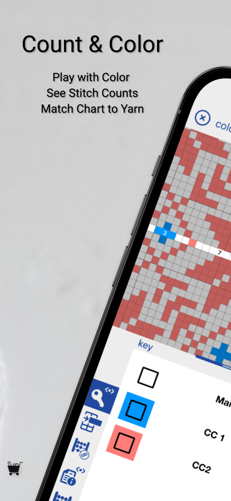 Interfaccia dell'app knitCompanion che mostra uno schema di maglia con codice colore, conteggio dei punti e legenda dei colori del progetto