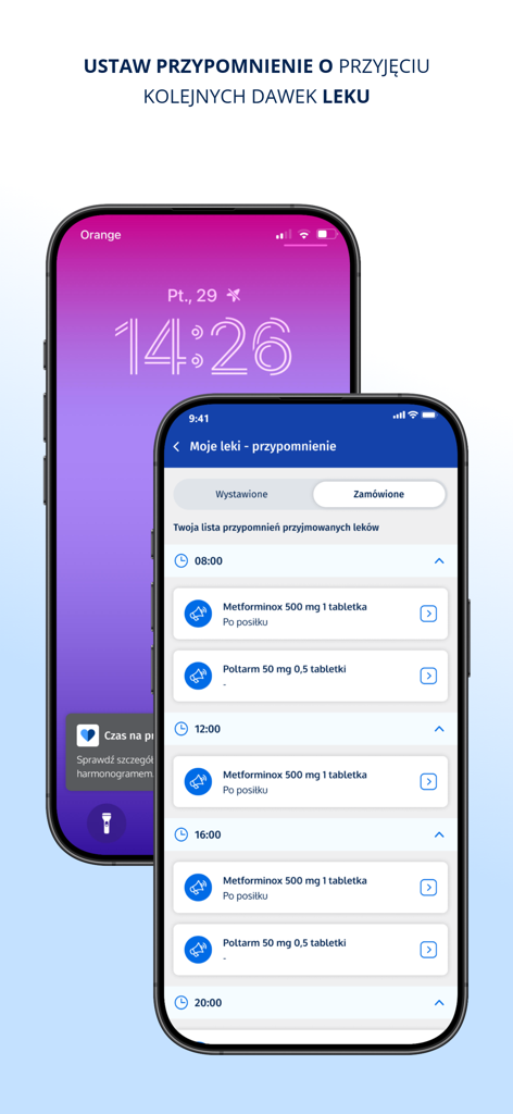 mojeIKP - log in to health - Smartphone screen showing a list of medication reminders and dosage times in the mojeIKP app