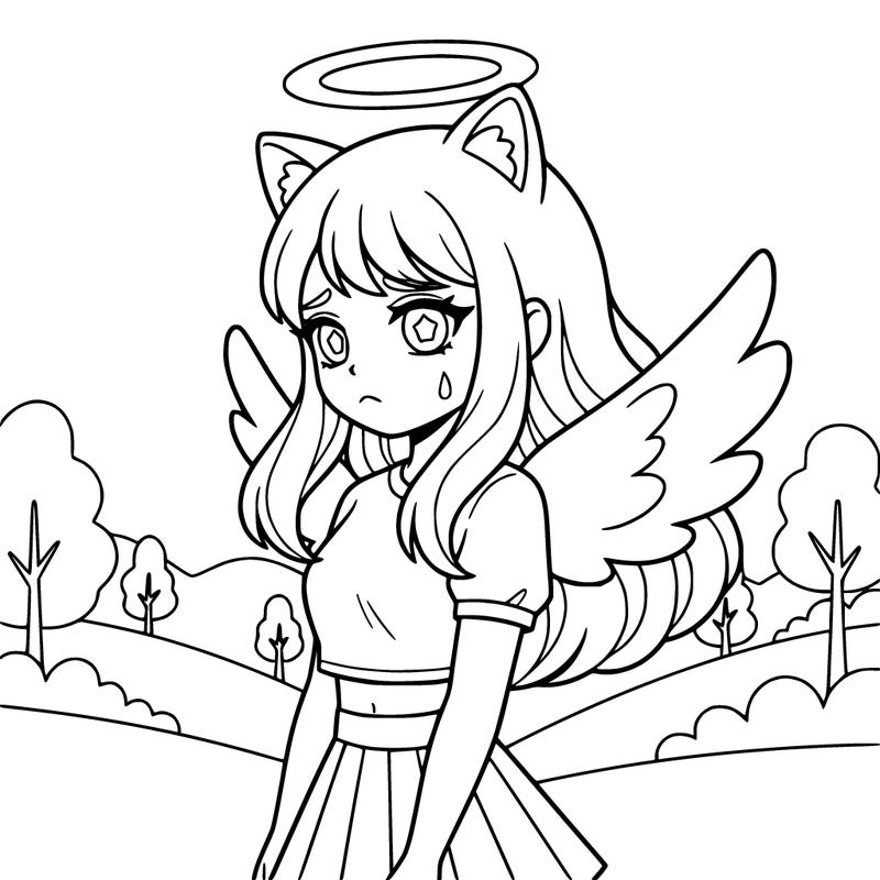 cat ears no fur wings halo cute face sad crop top with skirt