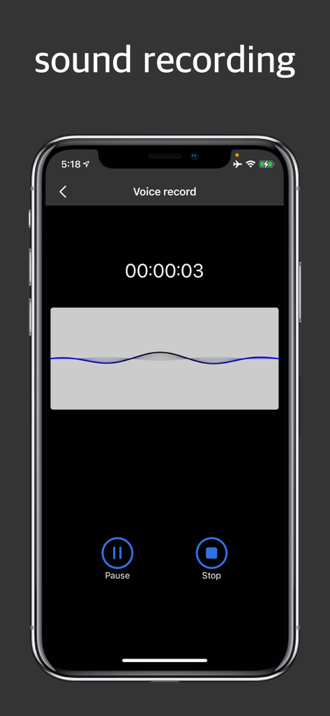 Ringtone Master- extract audio - iPhone screen showing the voice record interface in the Ringtone Master app with a blue waveform and timer