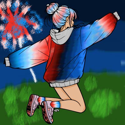 realistic girl jumping with a bun and oversized sweatshirt