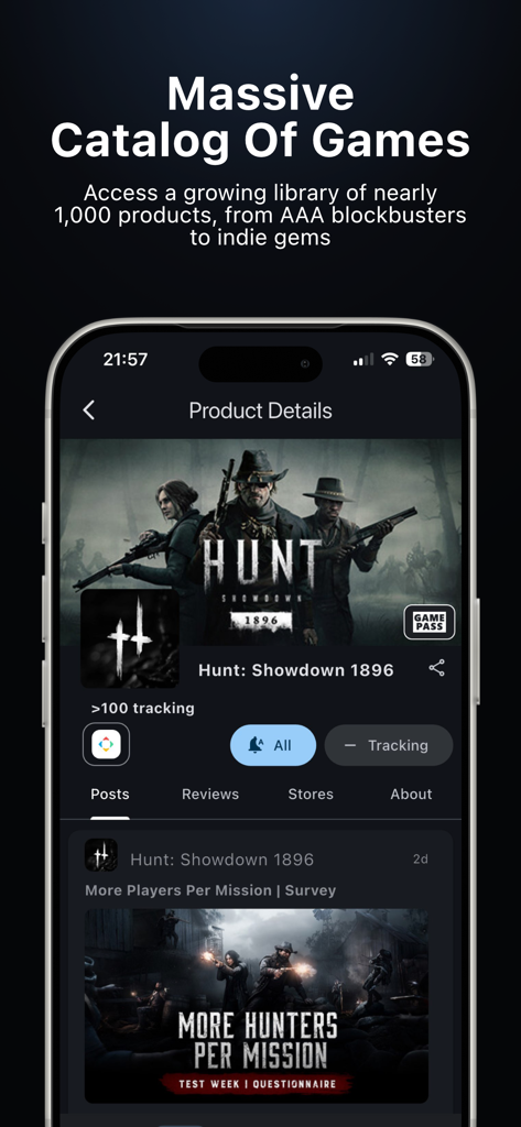 PatchRadar - PatchRadar mobile app displaying product details for Hunt Showdown 1896 from its massive game library