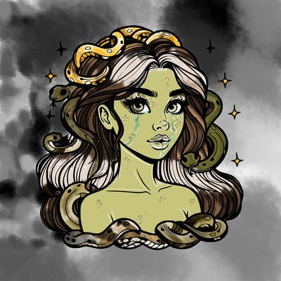 realistic girl with snakes as hair