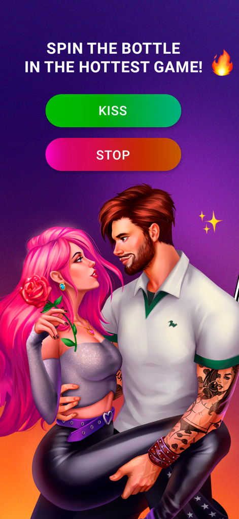 Kiss me: Kissing Games Bottle - A romantic couple illustration with kiss and stop buttons in a mobile game