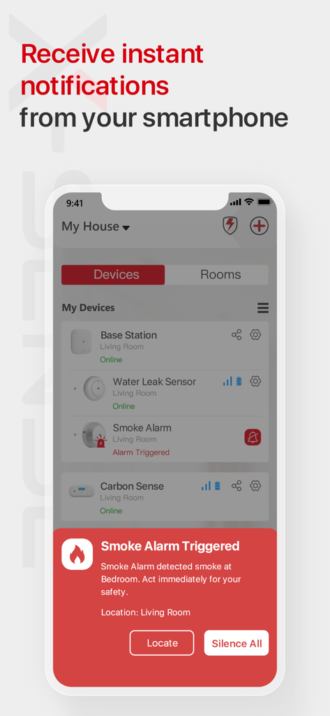X-Sense Home Security - X-Sense Home Security app showing a smoke alarm notification on a smartphone screen.