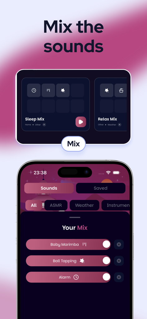 ASMR Sleep Sound Mix: Soundify - Tela do aplicativo Soundify para criar mixes de sons de sono personalizados com ASMR e sons da natureza.