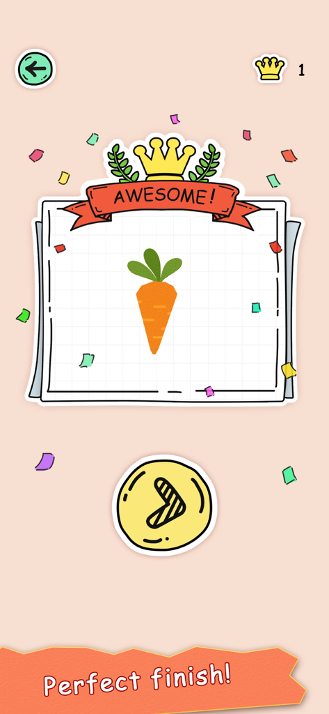 Puzzle Fuzzle - Un puzzle di carota completato nel gioco mobile Puzzle Fuzzle con un fantastico banner di successo e coriandoli.