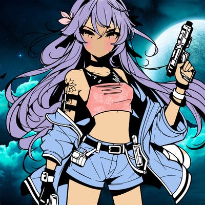 bad girl wearing crop top holding a gun long hair anime