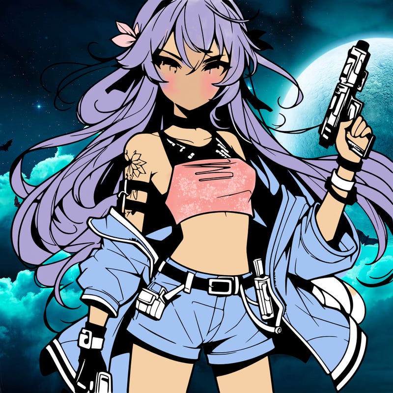 bad girl wearing crop top holding a gun long hair anime
