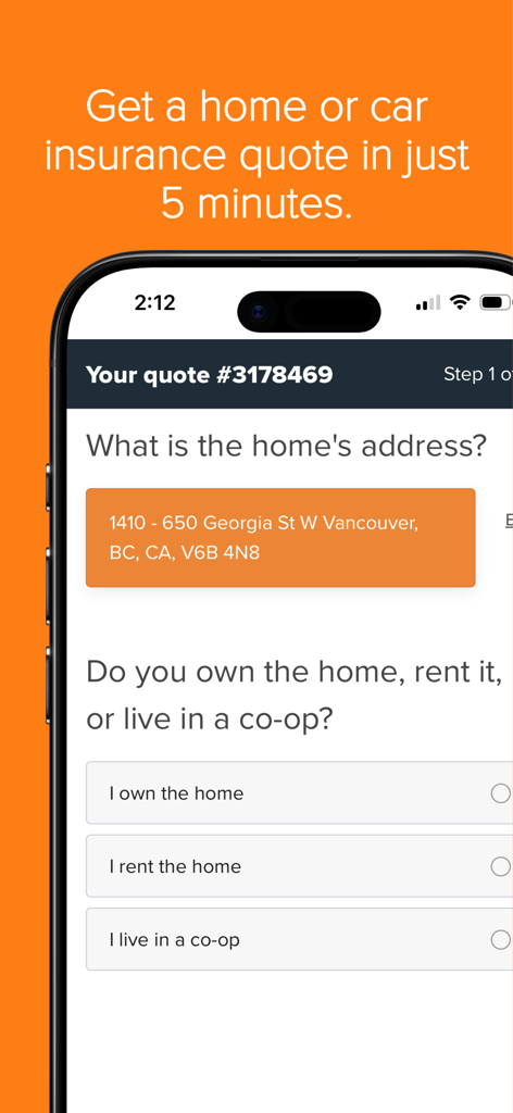 Square One - Square One app interface showing the home insurance quote process