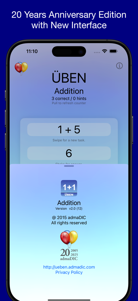 Üben - Addition - Screenshot of the Uben Addition app interface showing a simple math problem and 20th anniversary information.