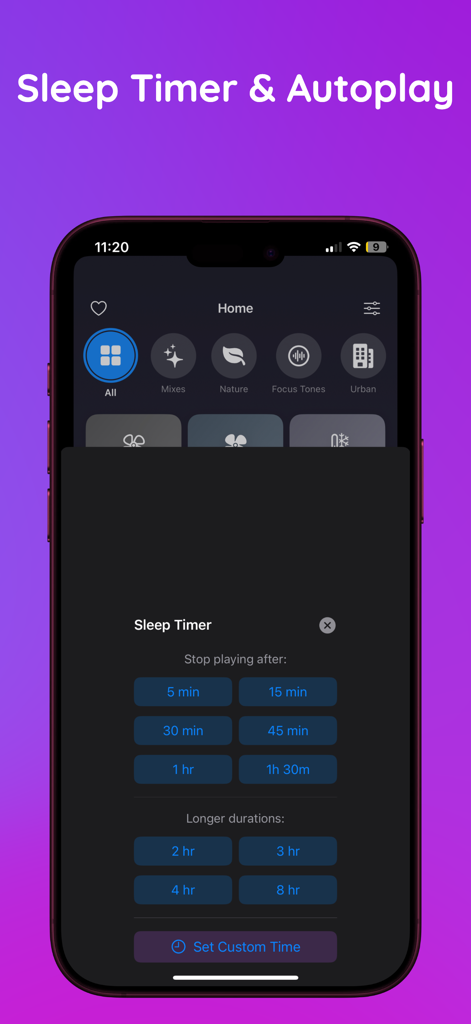 Softly: Sleep & Relax Sounds - Sleep timer selection screen in the Softly app showing various preset durations for ambient sounds