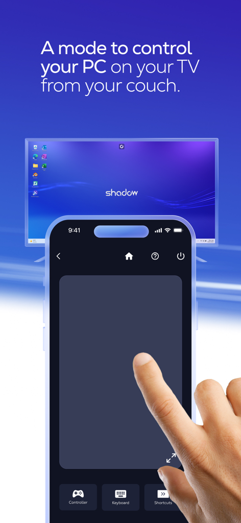 Interface do aplicativo Shadow PC em um iPhone usada como controle remoto para controlar um desktop Windows em uma TV