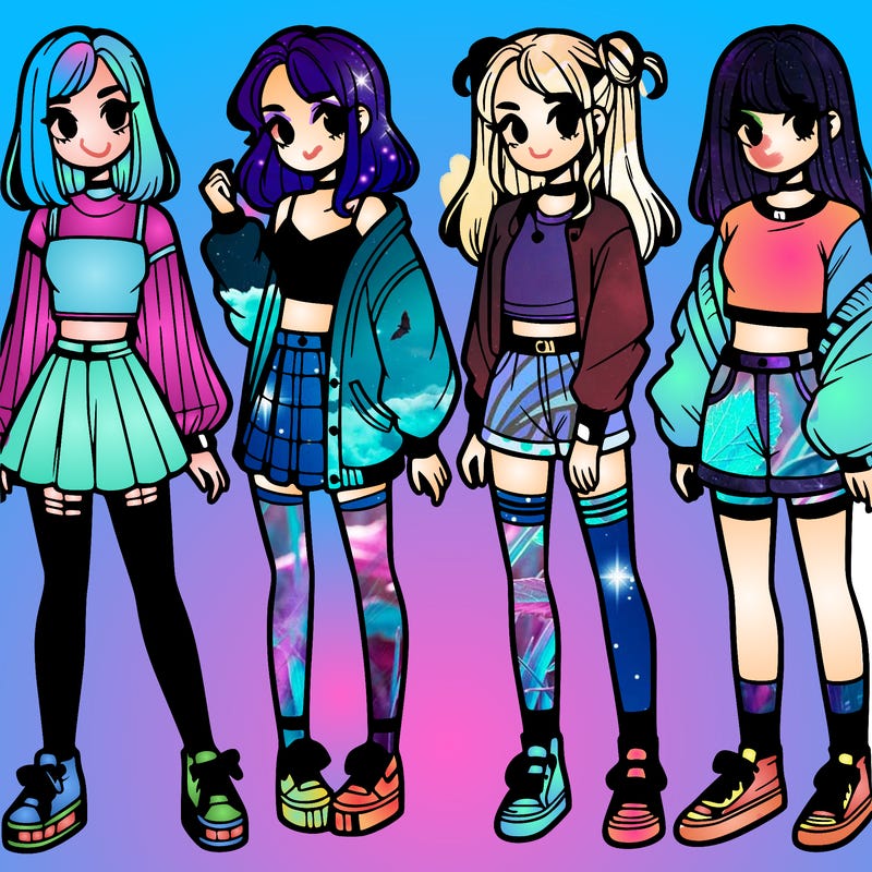 one girl with crop-top shirt and a jacket with a skirt, long socks and another girl with a shirt and pants with a jacket