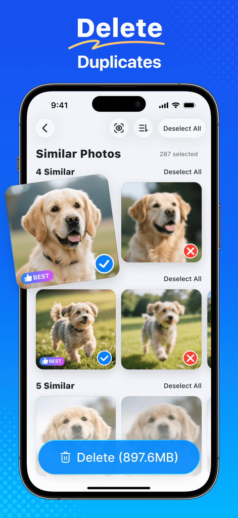 Interfaz de la aplicación Tidyfoto que muestra la función de eliminar duplicados con fotos similares de perros