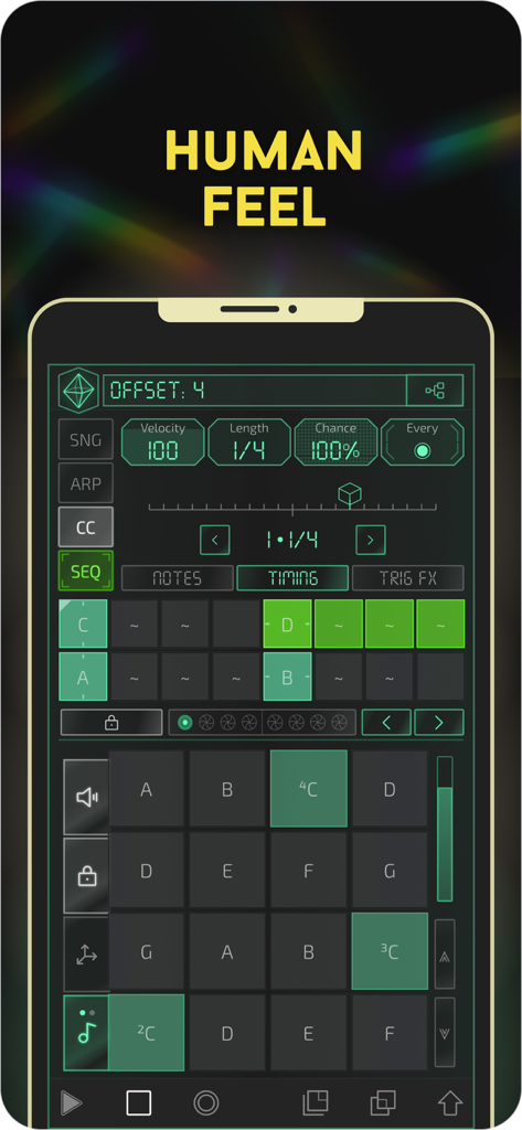 Prism MIDI Sequencer - Interfaz de la aplicación Prism MIDI Sequencer en iPhone que muestra la sensación humana y la configuración de temporización