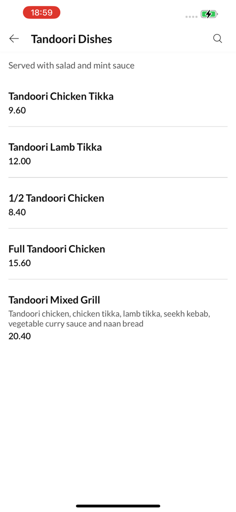 Menú de la aplicación móvil Castle Pizzas que muestra una variedad de platos tandoori y sus precios