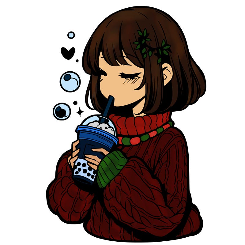 manga girl drinking boba in cozy sweater