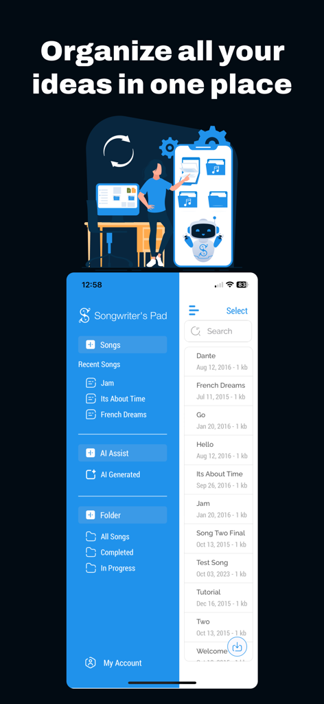 Interface of Songwriter's Pad app showing organized song folders and recent lyrical projects.