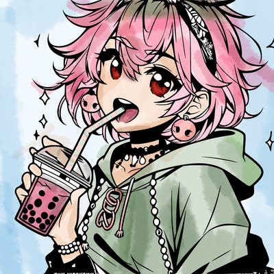hot baddie anime girl drinking boba and biting the straw