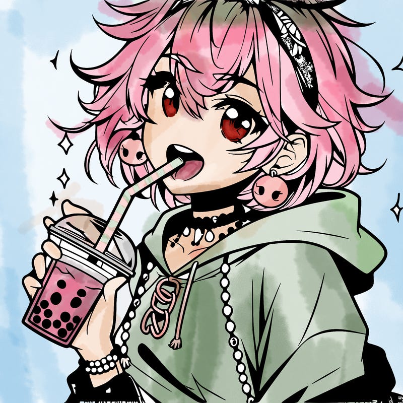 hot baddie anime girl drinking boba and biting the straw