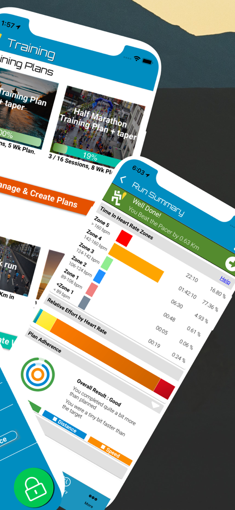 Pace To Race app screens showing training plans and detailed run summary with heart rate zones and pacer results