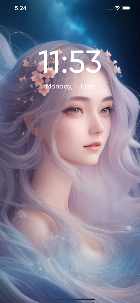 Aesthetic Anime Wallpaper 4K - Fille anime esthétique aux cheveux violets et aux fleurs sur un écran de verrouillage mobile